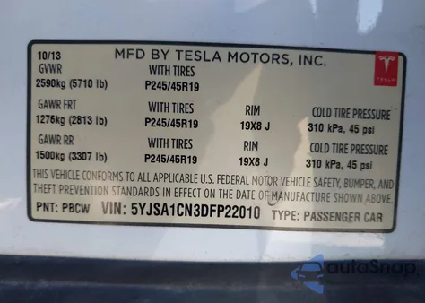 2013 Tesla Model S из США, поврежденный, VIN 5YJSA1CN3DFP22010
